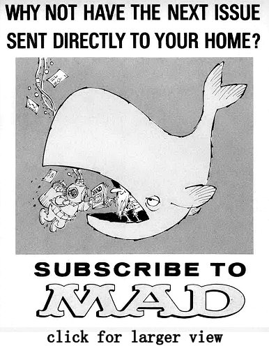Paul Coker mail delivery subscription ad &mdash; whale swallows diver
